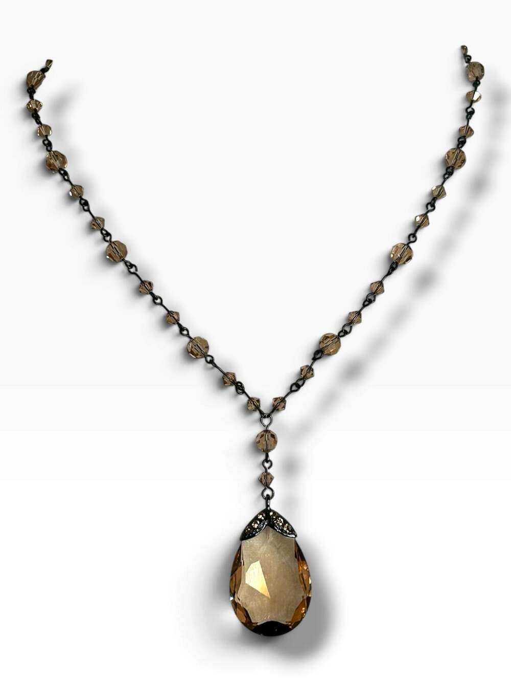 Champagne Crystal Teardrop Pendant Necklace Beaded Y Drop Station Chain